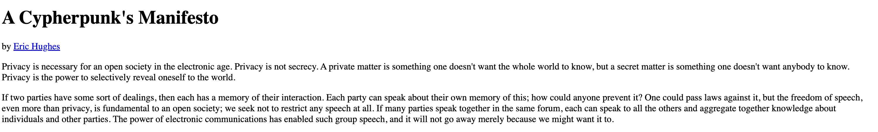 A Cypherpunk&#39;s Manifesto by Eric Hughes in 9th March 1993